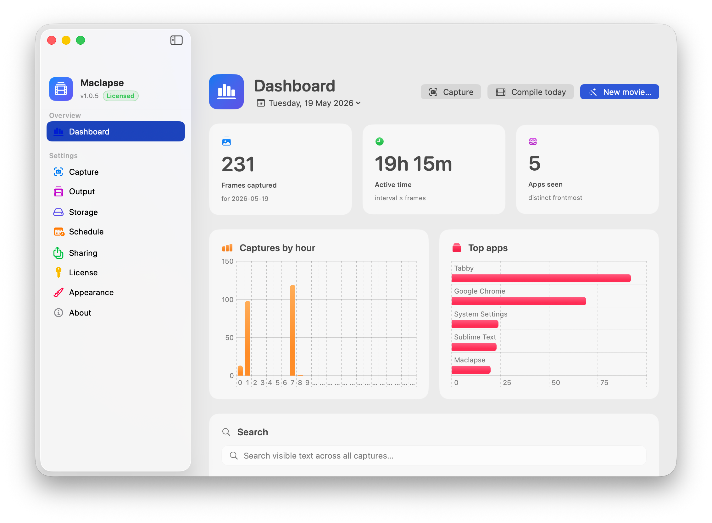 Maclapse Dashboard — sidebar with Overview / Settings / Sharing groups, three stat cards (Frames captured, Active time, Apps seen), captures-by-hour bar chart and top-apps list.