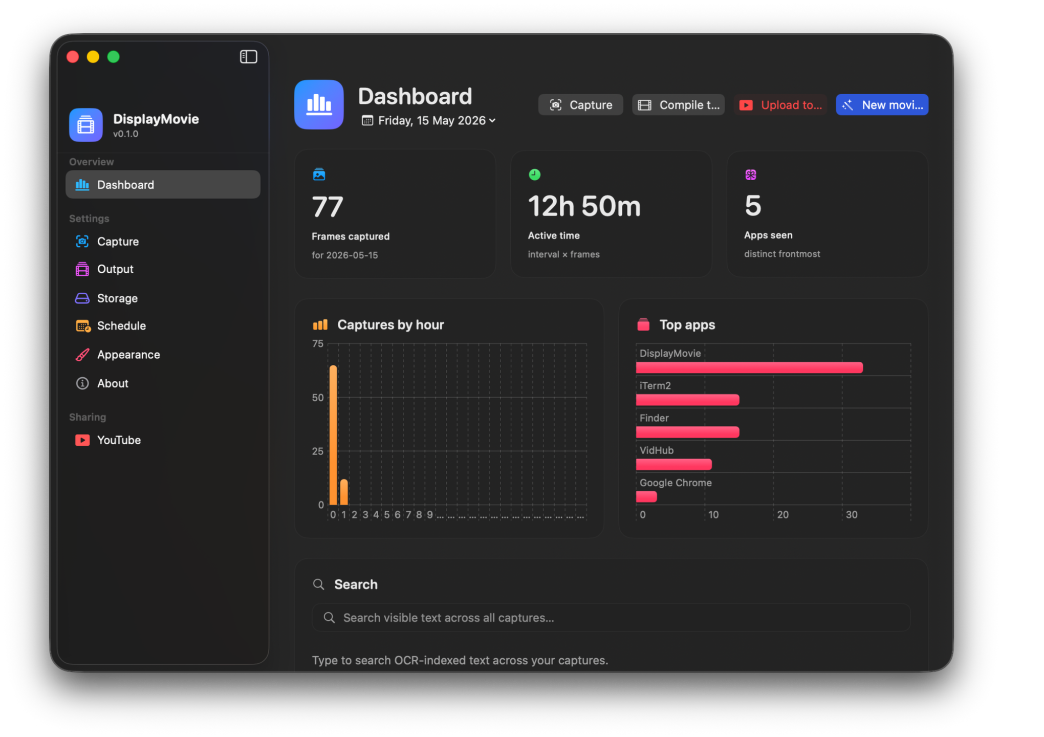 Maclapse Dashboard — sidebar with Overview / Settings / Sharing groups, three stat cards (Frames captured, Active time, Apps seen), captures-by-hour bar chart and top-apps list.