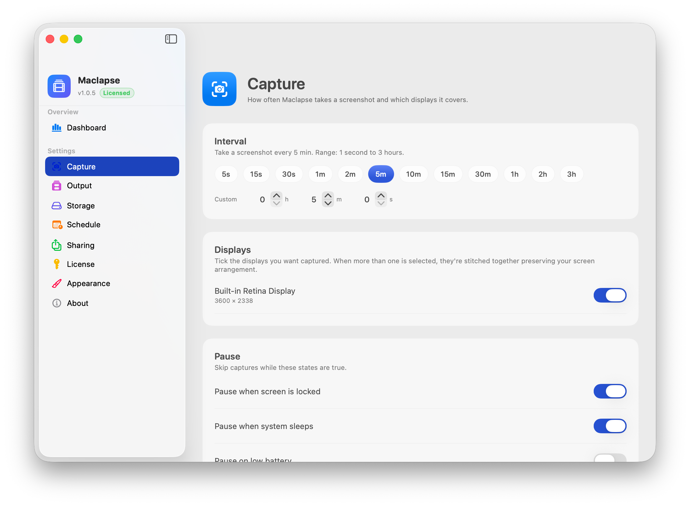 Capture settings: interval chips, h-m-s stepper, display picker, pause toggles.