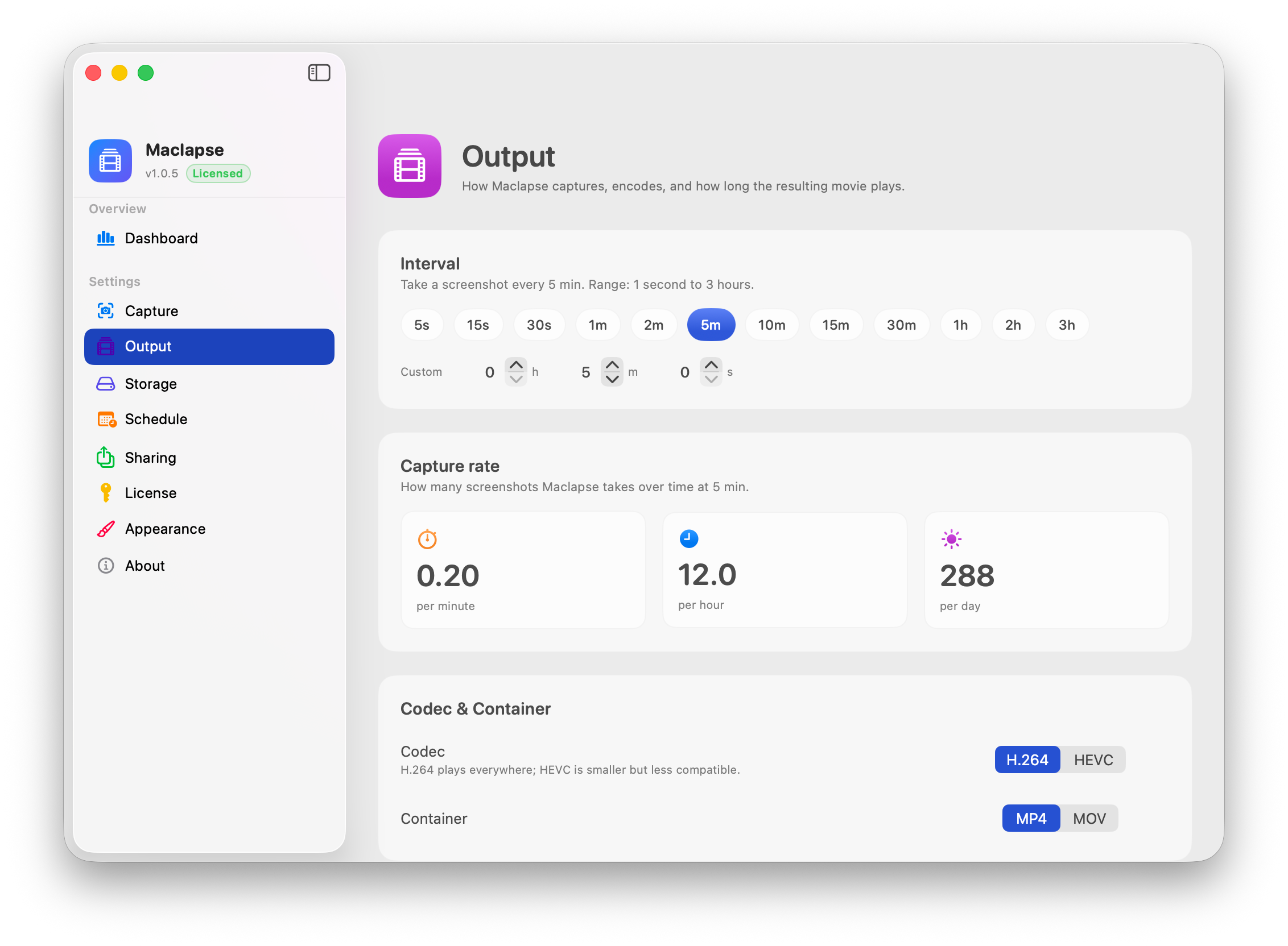 Output settings: capture rate tiles, codec and container segmented controls, FPS stepper.