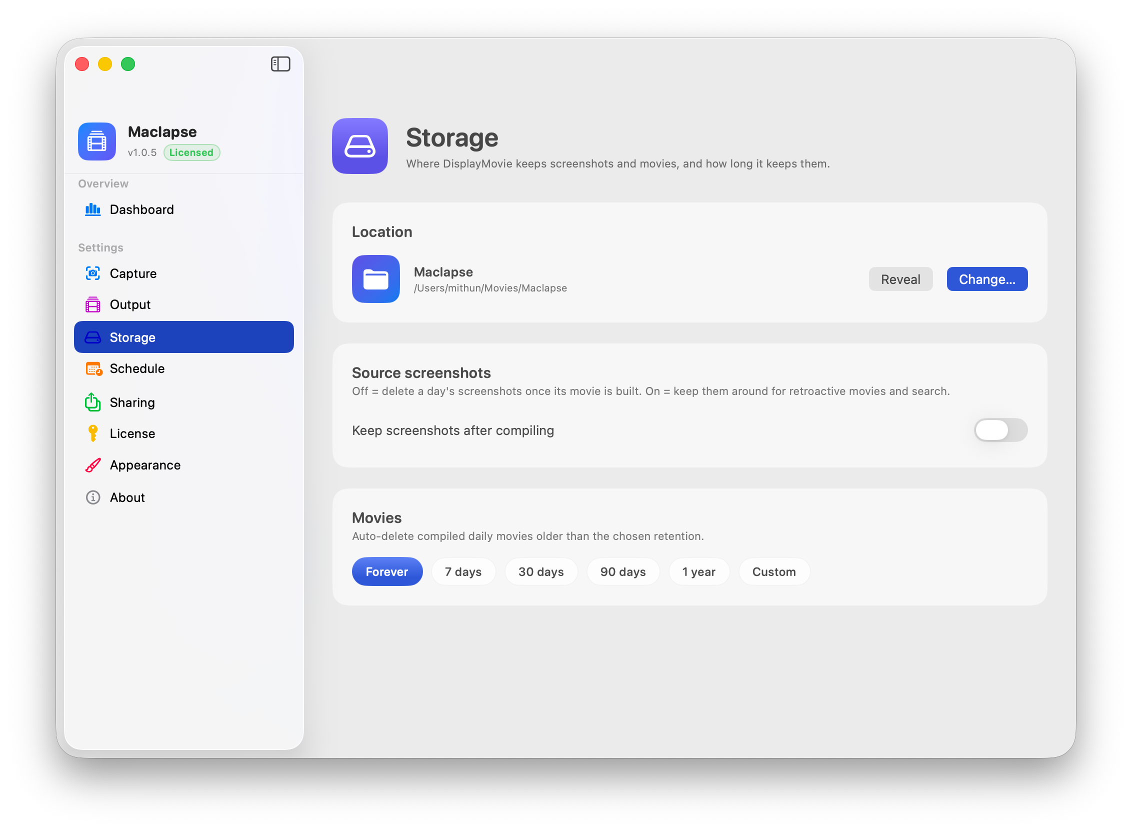 Storage settings: folder, retention.