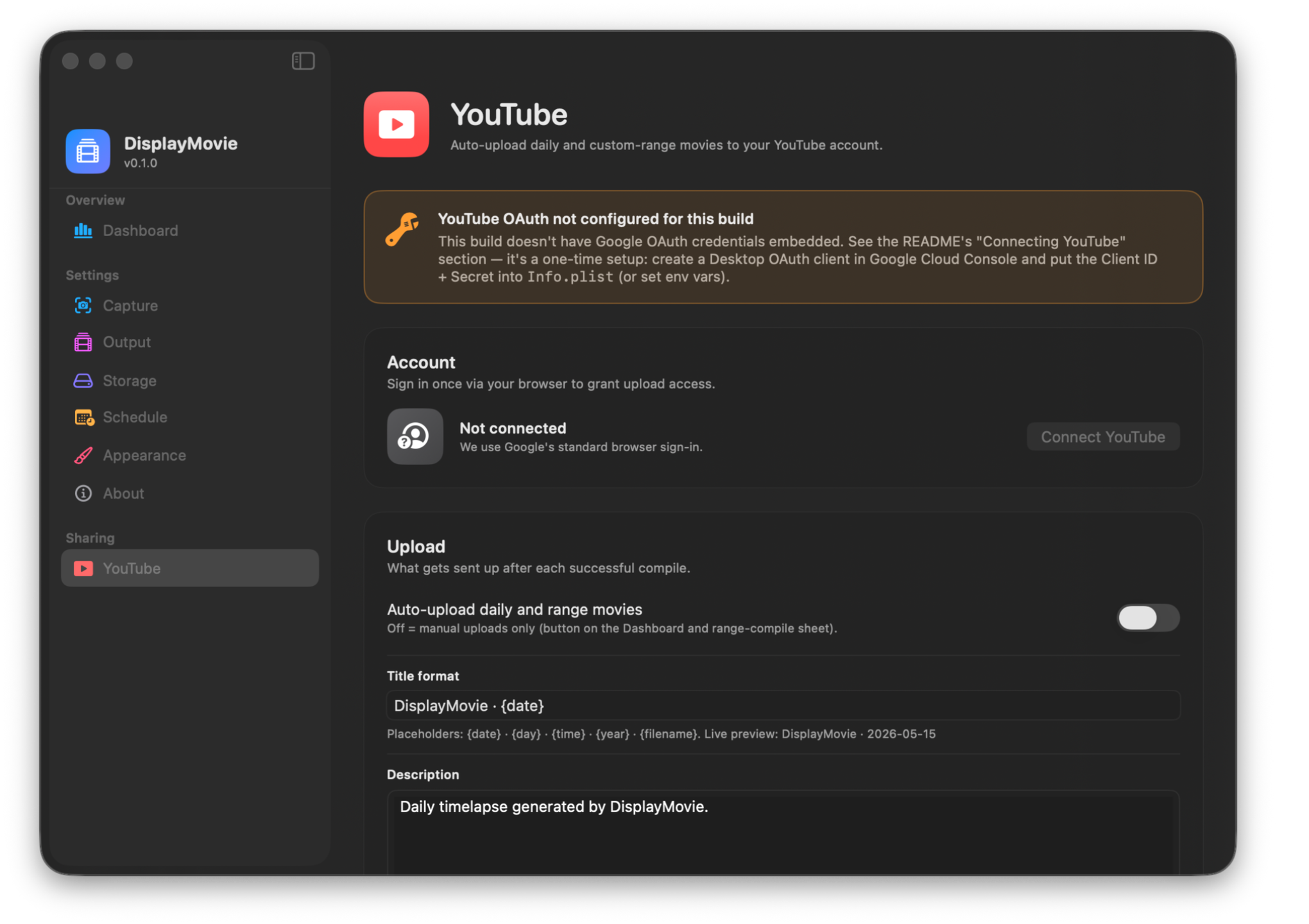 YouTube Sharing tab: OAuth status, title format, visibility chooser, auto-upload toggle.